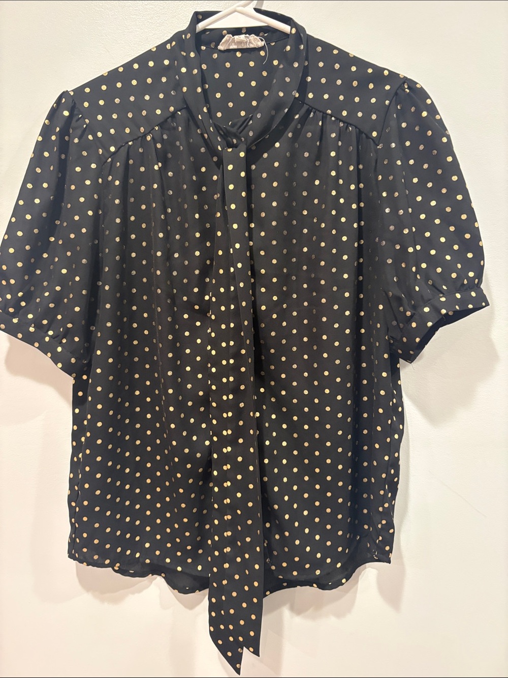 Black Polka Dot Tie-Neck Blouse with Gold Dots ptp 20 length 25